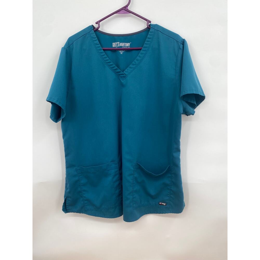 Grey's Anatomy Teal Women's Two Pocket V-Neck Scrub Top with Shirring Back XL